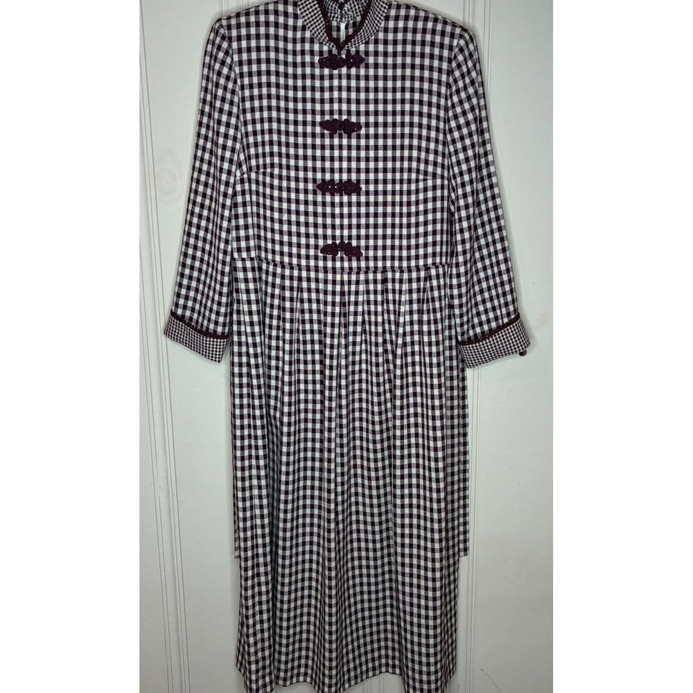 Plaza South Gingham Dress Womens 10 Burgundy Mandarin Collar Frog Closure VTG